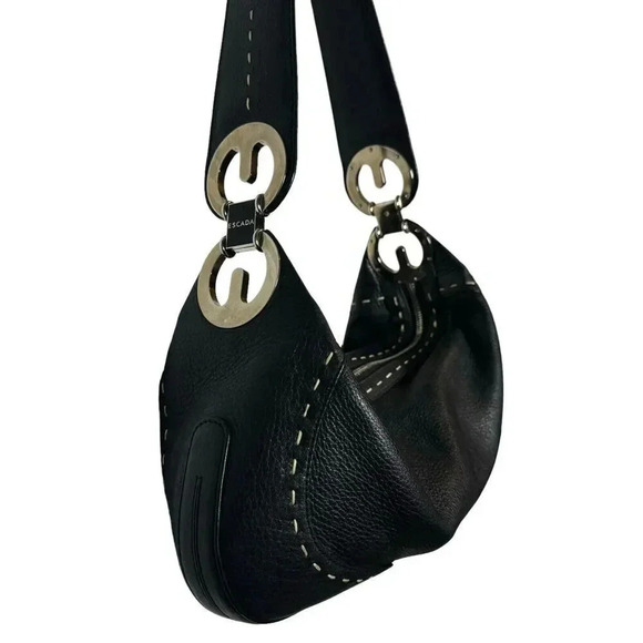 ESCADA Leather hobo Shoulder Bag Logo Hardware Handmade in Italy black - Picture 1 of 11